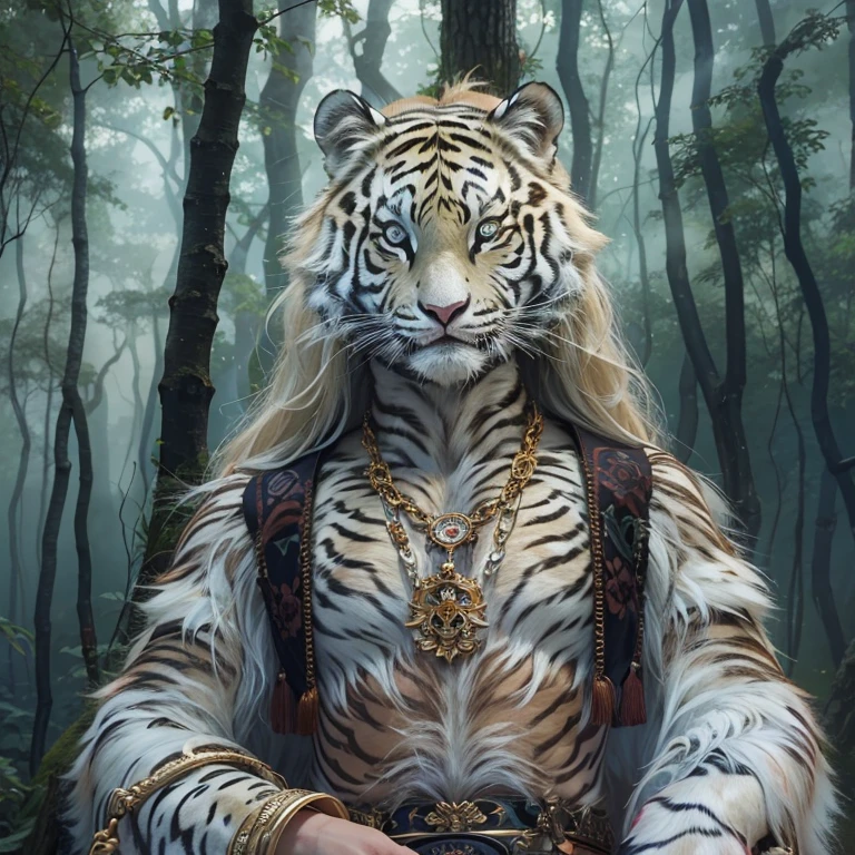 Standing in the forest、Hair Flow、 ((Highest quality、masterpiece、8k、Best image quality、Ultra-high resolution、Award-winning works)、(Accurate anatomy:1.1)、(Look at me and smile:1.1)、Shining fair skin with Ultra-high resolution、The most detailed face、Ultra-high resolution detailed face、Ultra-high resolutionのblond hair、(Ultra-high resolution eye:1.1)、Beautiful face drawn in every detail、Traditional Russian costume , Chest to chest, Strange atmosphere, Next to him stands a real white tiger, Dark Light, in the forest , Heavy makeup