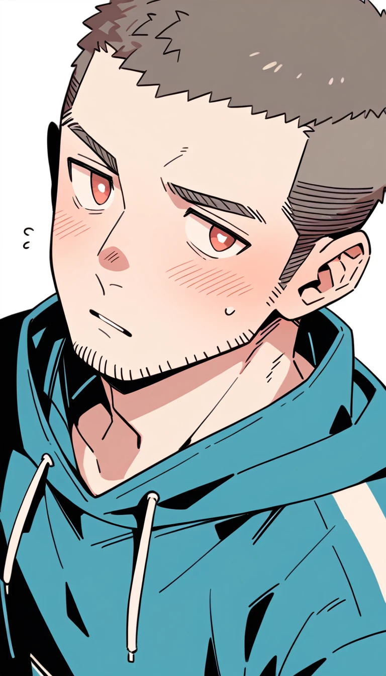 negative space, anime characters:Priapus, Muscle Sports Student, Buzz Cut, Manliness, male focus, Sports tight hooded sweatshirt, Very tight, full and perky chest muscles, muscular male, muscular, only, Upper body, alone, Red short hair, Thick eyebrows, stubble, Brown-red pupils, White background, simple background, amazing quality, best aesthetics, Ridiculous, crew cut, parted lips, flustered, endured face, shy, blush, negative space, best quality