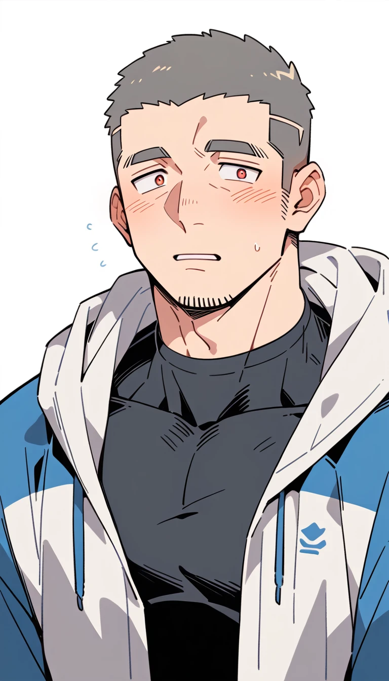 negative space, anime characters:Priapus, Muscle Sports Student, Buzz Cut, Manliness, male focus, Sports tight hooded sweatshirt, Very tight, full and perky chest muscles, muscular male, muscular, only, Upper body, alone, Red short hair, Thick eyebrows, stubble, Brown-red pupils, White background, simple background, amazing quality, best aesthetics, Ridiculous, crew cut, parted lips, flustered, endured face, shy, blush, negative space, best quality