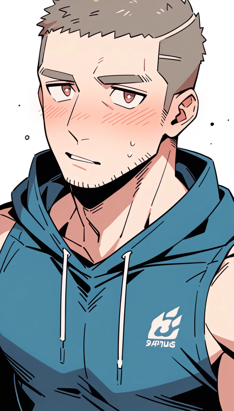 negative space, anime characters：Priapus, Muscle Sports Student, Buzz Cut, Manliness, male focus, Sports tight hooded sweatshirt, Very tight, full and perky chest muscles, muscular male, muscular, only, Upper body, alone, Red short hair, Thick eyebrows, stubble, Brown-red pupils, White background, simple background, amazing quality, best aesthetics, Ridiculous, crew cut, parted lips, flustered, endured face, shy, blush, negative space, best quality
