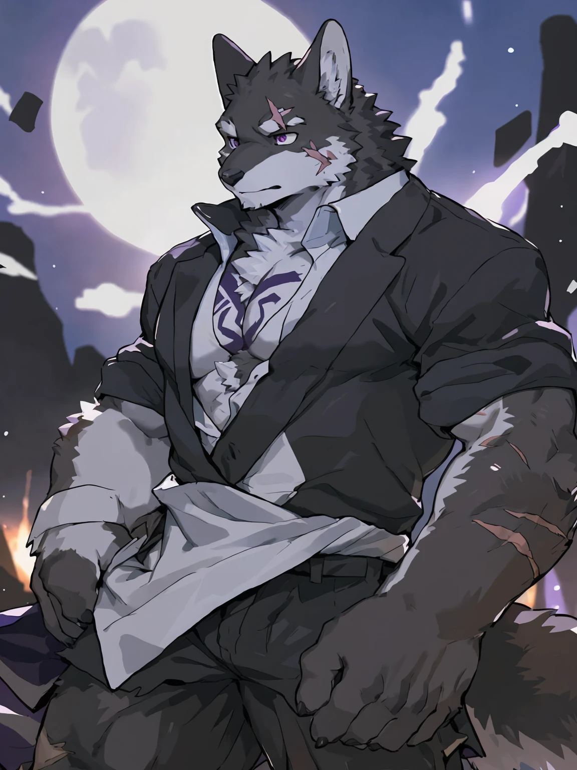 embedding:black wolf, male,purple eyes,Scar on the face, scar on the body,Single person,The fur on the chest and abdomen is white.Gang boss,Tattoo,Formal clothes, handsome,Amazed,Dark night,Shocked,Droop one's ears,Maturity,The highest quality of scene detail,adult,Tall and powerful,muscle,Best quality hands, best quality eye,detailed fur,Delicate eyes.Extreme picture quality,by sollyz,by zixiong,by milkytiger1145