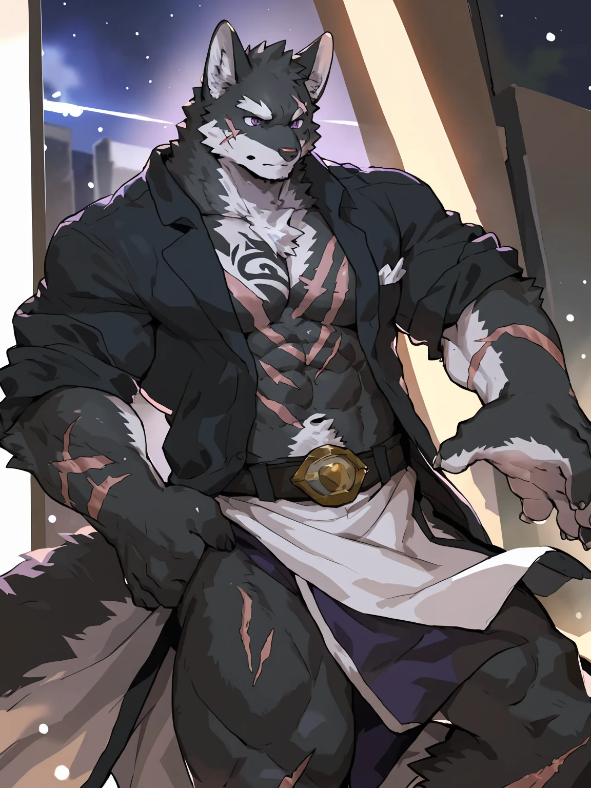 embedding:black wolf, male,purple eyes,Scar on the face, scar on the body,Single person，The fur on the chest and abdomen is white.Gang boss,Tattoo，Formal clothes, handsome,Amazed,Dark night,Shocked,Droop one's ears，Maturity,The highest quality of scene detail,adult,Tall and powerful,muscle，Best quality hands, best quality eye，detailed fur，Delicate eyes.Extreme picture quality，by sollyz,by zixiong,by milkytiger1145