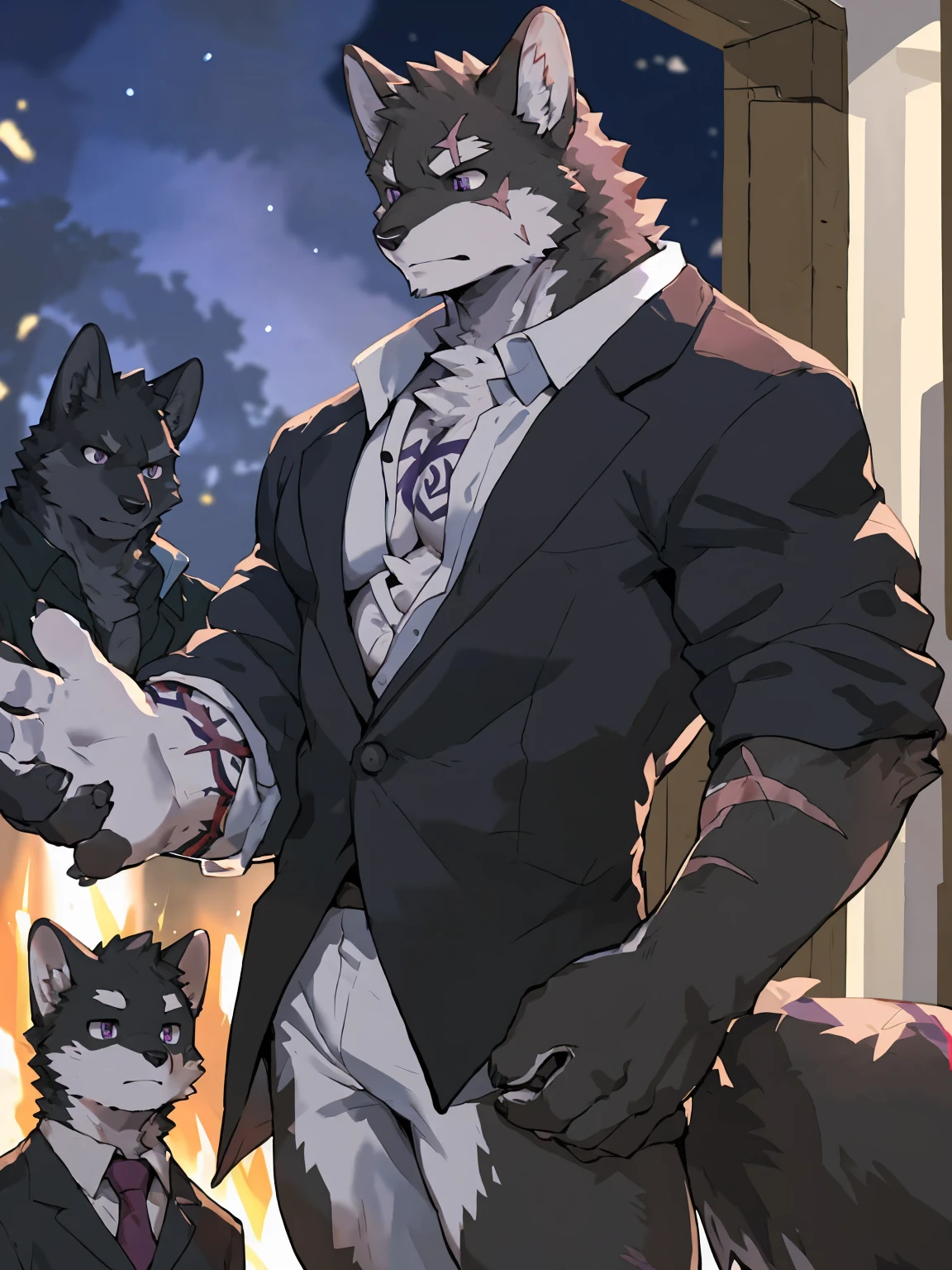 embedding:black wolf, male,purple eyes,Scar on the face, scar on the body,Single person,The fur on the chest and abdomen is white.Gang boss,Tattoo,Formal clothes, handsome,Amazed,Dark night,Shocked,Droop one's ears,Maturity,The highest quality of scene detail,adult,Tall and powerful,muscle,Best quality hands, best quality eye,detailed fur,Delicate eyes.Extreme picture quality,by sollyz,by zixiong,by milkytiger1145