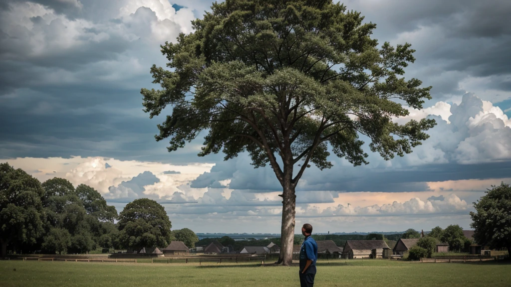 a man looking at the far village a big tree sky thundering