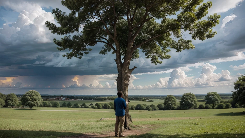 a man looking at the far village a big tree sky thundering 