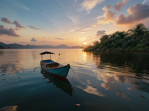 sunset scene in a lake, with old pholippine boat, tropical scene in the Philippines, detailed and hyper realistic , place the subject in the rule of thirds grid, add foreground like stones or grass, add more in the front, and reshape the background