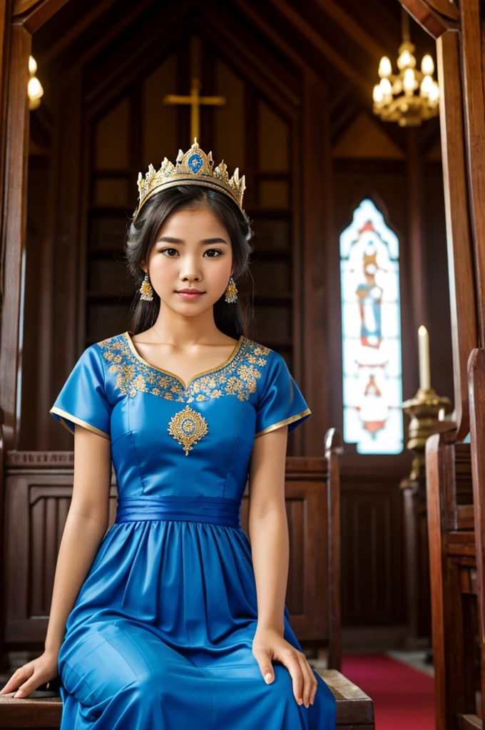 Young woman in Thai dress, wearing a beautiful blue Thai dress, sitting in a chapel, with a crown on her head, sitting and mixing her hands, Yang in Thai literature.
