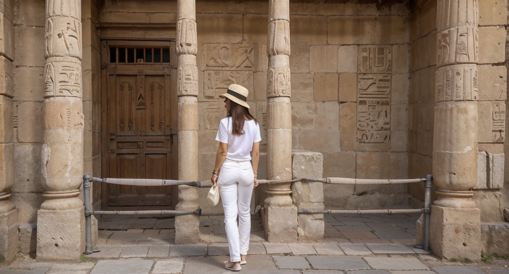 A woman was standing on a cobblestone road. She wore a white t-shirt. Long orange pants and white high heels along with wearing a white hat to protect from the sun She raised one hand to shield her face from the sun to look ahead. The background of the picture is ancient Egyptian architecture with carved patterns and the windows have iron bars. The structure looks old and has historical value. In the right corner of the photo there is a sign giving information about the location. There is also a metal fence and various barriers. near the entrance