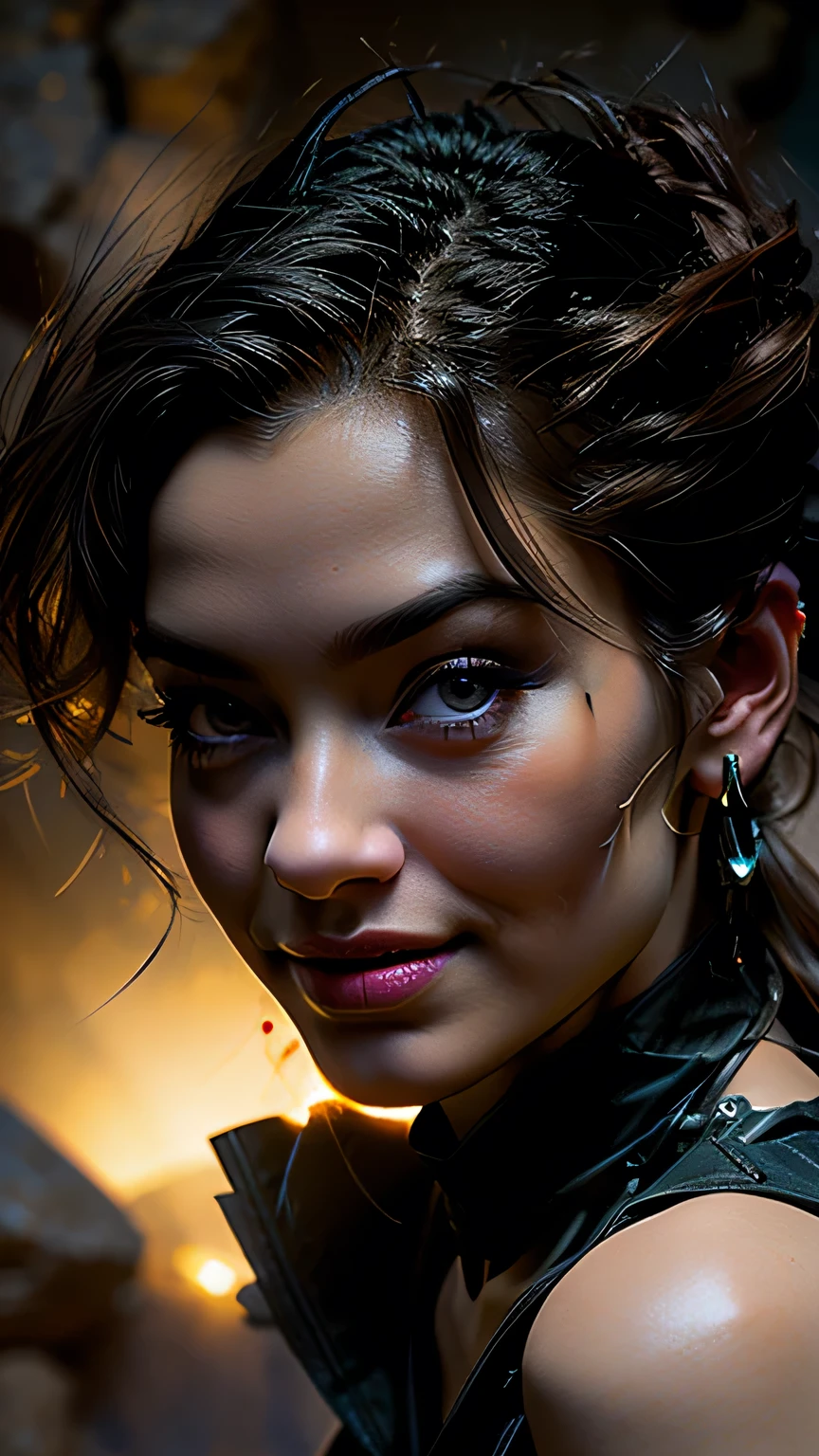 Studio Lighting,(Portraiture),(Vibrant colors),(Cool tones),(Soft moody lighting),(Sharp focus), stunning face, confident and provocative smile,Mysterious atmosphere,Dark and rough cave background, Big Tits, Decorative equipment,Fierce and powerful stance,Shining Jewelry,Dramatic lighting to accentuate facial features,Subtle makeup,Faint signs of smoke or fog,Nighttime Settings,Faint moonlight shining in the background illuminates the scene.、masterpiece, 最high quality, high quality, High resolution, ((Pause_random))、((Face close-up))), Dark cave background,black garter set、