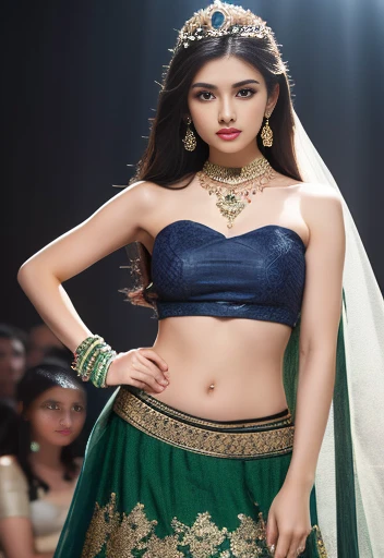 ((Medium breasts, )),  (Well-defined abs : 1.1), (Perfect body : 1.1), full-length photo, (Ripped tube top:1.3), (Extremely detailed CG 8k wallpaper), (Extremely delicate and beautiful), (masterpiece), (best quality:1.0), Delicate skin, Extremely detailed photorealistic, 1girl, ((slim body)), long hair, gradient hair, solo, detailed eyes, jewelry, bracelet, choker, small breasts, looking at viewer, realistic, necklace, (((green princess))), long skirt, thigh highs, green cape, sardine, lace, evening, sunlight, clouds, in the sky, clouds, realistic sun light,, detailed, upper body,4K, Ultra-high resolution, masterpiece, 1 girl, Nice face, Fine grain, Detailed lips, Very long hair, Straight hair, Very long hair, Beautiful Hair, hair Decorations, hair band, Gradient Hair, ((Indigo Lehenga)), ((Bridal Lehenga)), ((Decorative blouse)), sardine, ((Lehenga Jewelry)), ((Indigo lace)), ((Diamond Bracelets)), ((meanwhile)), Decorations, necklace, Earrings, high intensity lighting, ((Bare Belly)), Wedding Stage, Fujicolor, Depth of written boundary, Ray Tracing, Ultra-Realistic Details,