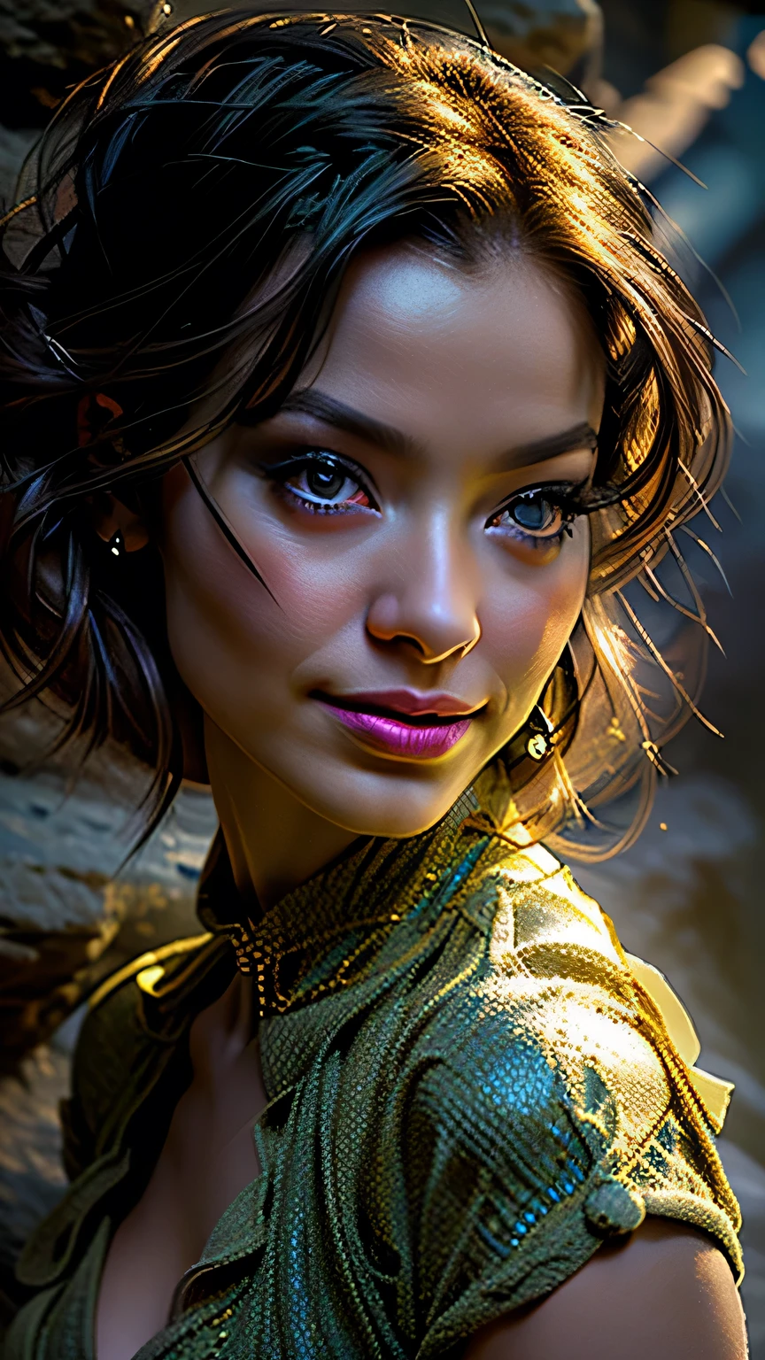 Studio Lighting,(Portraiture),(Vibrant colors),(Cool tones),(Soft moody lighting),(Sharp focus), stunning face, confident and provocative smile,Mysterious atmosphere,Dark and rough cave background, Big Tits, Decorative equipment,Fierce and powerful stance,Shining Jewelry,Dramatic lighting to accentuate facial features,Subtle makeup,Faint signs of smoke or fog,Nighttime Settings,Faint moonlight shining in the background illuminates the scene.、masterpiece, 最high quality, high quality, High resolution, ((Pause_random))、((Face close-up))), Dark cave background,black garter set、