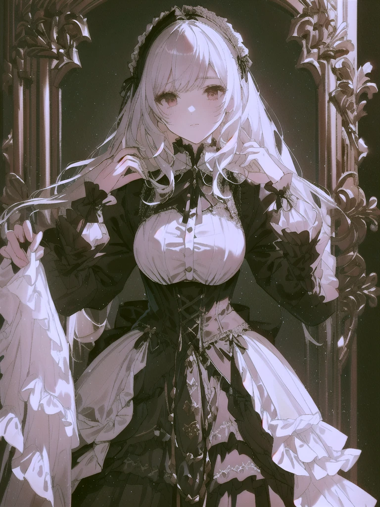There is a woman wearing a black skirt and a white shirt., Detailed steampunk dress, Formal wear, Victorian dress, Baroque Dress, black Victorian dress, Black Gothic Lolita Dress, historical Baroque Dress dark, Very detailed and luxurious garment, full costume, Victorian Gothic Lolita Fashion, Victorian style costume, Gothic Dress, Frills, Black Rococo, Gothic Costume