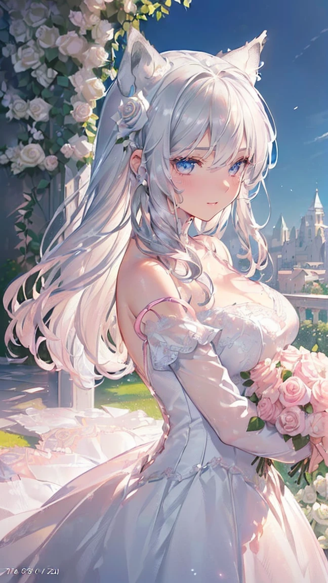 (((masterpiece))), (((Highest quality))), ((Very detailed)), ((Ultra-fine illustrations)), ((Ultra-fine painting)), (16K Highest qualityの壁紙:1.4), (Upper Body:1.6), (Very detailed and delicate illustration style:1.8), Detailed skin texture, Detailed cloth texture, Detailed rose flower texture, Very detailed説明, (Very detailed face:1.4), (Very detailed beautiful silver fox ears:1.2), (Very detailed beautiful silver hair:1.2), (Very detailed, Beautiful and clear eyes:1.2), original, Intricate details, Super Details, Direct sunlight:1.6, (Perfect Anatomy:1.4), (Very detailed hands:1.2), (Very detailed fingers:1.2), (Very detailed fingertips:1.2), (Age 27), Genuine, (alone:1.6), ((Very beautiful and attractive silver fox female fashion model:1.4)) brake (Beautiful and adorable silver fox ears:1.6), (Very detailed and delicate silver fox ears:1.4), (Beautiful and well-shaped big breasts:1.2), (Beautiful and shapely butt), (Beautiful and shiny silver hair:1.6), (Very detailed and delicate silver hair:1.4), (Clear blue eyes that shine beautifully in every detail:1.6), (Very detailed and delicate blue eyes:1.2), (Very detailed face:1.4), (smile:1.4), (View your viewers:1.4), (Are standing:1.4), (celebration:1.4) brake ((celebrationの席で着用するのにぴったりな、A gorgeous off-the-shoulder princess dress with attention to detail.。:1.4)) brake ((Holding a large, intricate and delicate bouquet in both hands ((White and pink roses)):1.3)) brake (After noon:1.4), (celebration:1.4), ((Very detailed and delicate white rose flower and pink rose flower garden background:1.4)), (Very detailed and delicate royal palace courtyard background in just after noon in spring:1.4) brake