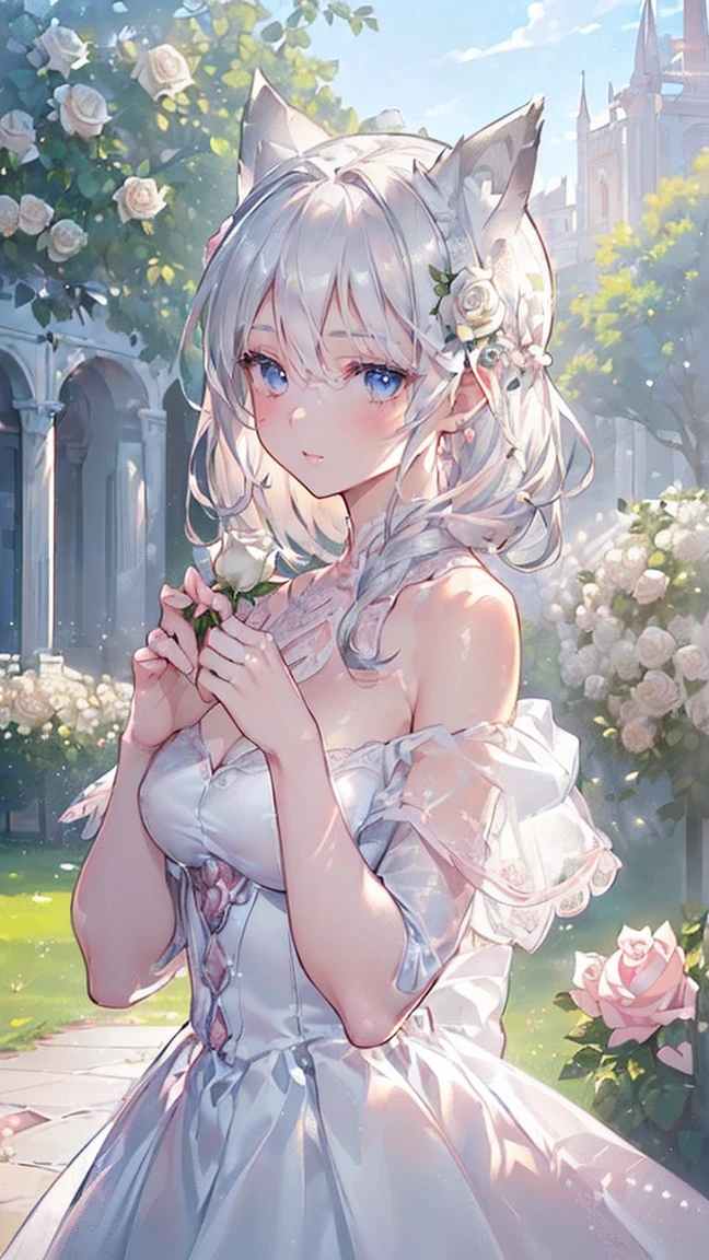 (((masterpiece))), (((Highest quality))), ((Very detailed)), ((Ultra-fine illustrations)), ((Ultra-fine painting)), (16K Highest qualityの壁紙:1.4), (Upper Body:1.6), (Very detailed and delicate illustration style:1.8), Detailed skin texture, Detailed cloth texture, Detailed rose flower texture, Very detailed説明, (Very detailed face:1.4), (Very detailed beautiful silver fox ears:1.2), (Very detailed beautiful silver hair:1.2), (Very detailed, Beautiful and clear eyes:1.2), original, Intricate details, Super Details, Direct sunlight:1.6, (Perfect Anatomy:1.4), (Very detailed hands:1.2), (Very detailed fingers:1.2), (Very detailed fingertips:1.2), (Age 27), Genuine, (alone:1.6), ((Very beautiful and attractive silver fox female fashion model:1.4)) brake (Beautiful and adorable silver fox ears:1.6), (Very detailed and delicate silver fox ears:1.4), (Beautiful and well-shaped big breasts:1.2), (Beautiful and shapely butt), (Beautiful and shiny silver hair:1.6), (Very detailed and delicate silver hair:1.4), (Clear blue eyes that shine beautifully in every detail:1.6), (Very detailed and delicate blue eyes:1.2), (Very detailed face:1.4), (smile:1.4), (View your viewers:1.4), (Are standing:1.4), (celebration:1.4) brake ((celebrationの席で着用するのにぴったりな、A gorgeous off-the-shoulder princess dress with attention to detail.。:1.4)) brake ((Holding a large, intricate and delicate bouquet in both hands ((White and pink roses)):1.3)) brake (After noon:1.4), (celebration:1.4), ((Very detailed and delicate white rose flower and pink rose flower garden background:1.4)), (Very detailed and delicate royal palace courtyard background in just after noon in spring:1.4) brake 