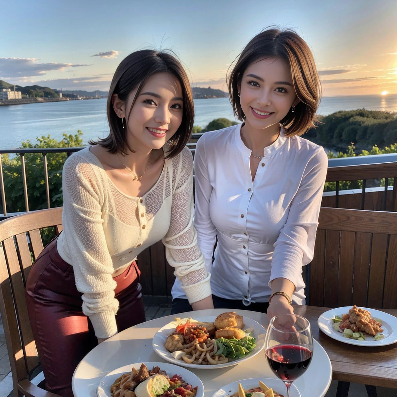 （Realistic:1.1）,(masterpiece,Highest quality)，8k,(45 years old), 42 years old, slimカップル、Model Couple、actress/actor、Tight waist,Upper Body,full-course dinner、wine 、Amazing view of the sunset sky and clouds、Perfect Anatomy, Brown Hair, short hair,Random Hairstyles,((Highly detailed face and eyes:1.2))(cute顔:1.4)，美しいactressの顔，Perfect golden ratio face，Long sleeve shirt、dress,(smile:1.2)、Shortcuts、cute、(Realistic, Intricate details:1.2), A bright smile、short hair,Bright Face、赤wine 、Appetizers、Italian food、wine bottle、Champagne、スパークリングwine、(slimな顔), (The body is slim), (Brown Hair), (Shortcuts),  Upper Body, 白wine, slim, wineグラス, 