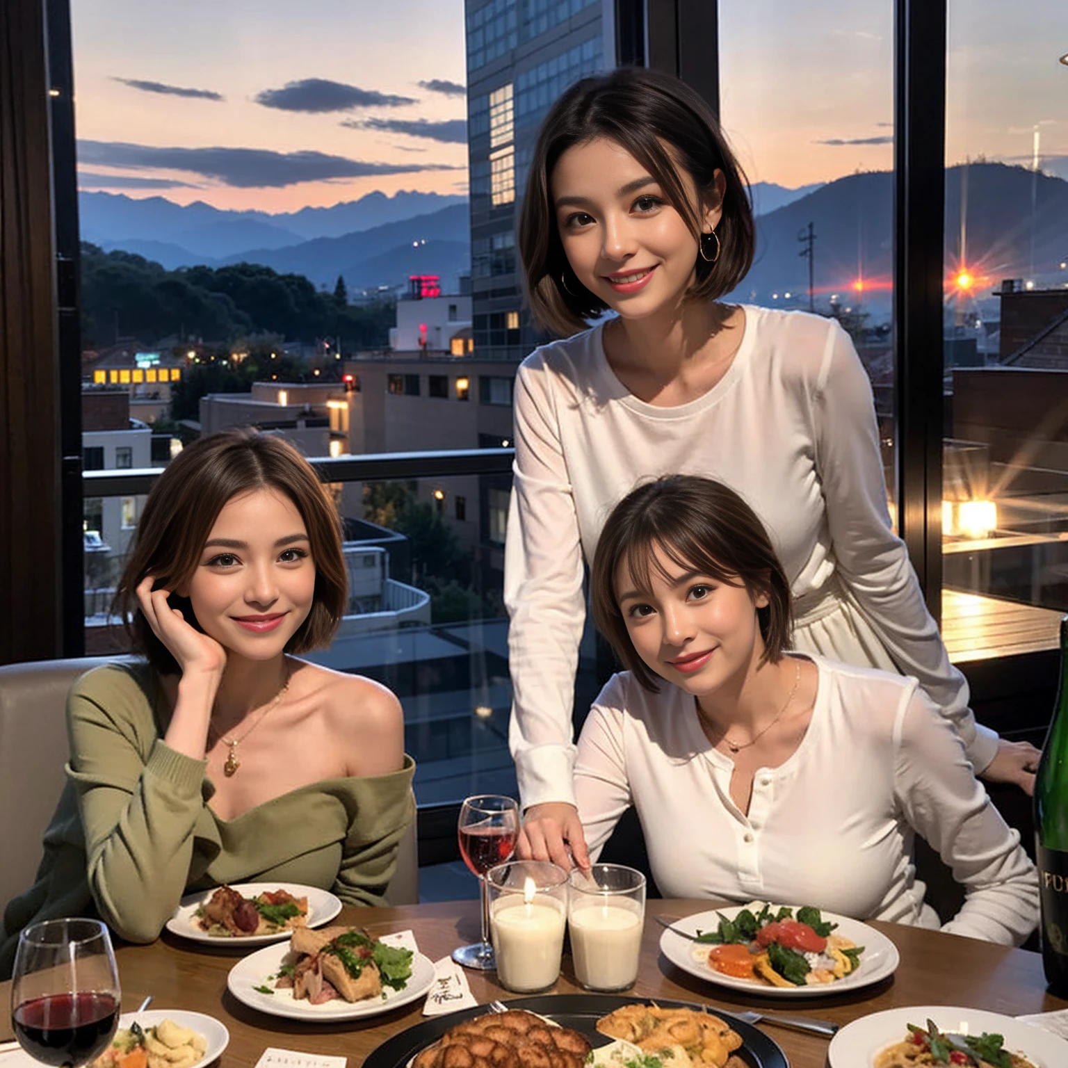 (Realistic:1.1),(masterpiece,Highest quality),8k,(45 years old), 42 years old, slimカップル、Model Couple、actress/actor、Tight waist,Upper Body,full-course dinner、wine 、Amazing view of the sunset sky and clouds、Perfect Anatomy, Brown Hair, short hair,Random Hairstyles,((Highly detailed face and eyes:1.2))(cute顔:1.4),美しいactressの顔,Perfect golden ratio face,Long sleeve shirt、dress,(smile:1.2)、Shortcuts、cute、(Realistic, Intricate details:1.2), A bright smile、short hair,Bright Face、赤wine 、Appetizers、Italian food、wine bottle、Champagne、スパークリングwine、(slimな顔), (The body is slim), (Brown Hair), (Shortcuts), Upper Body, 白wine, slim, wineグラス,
