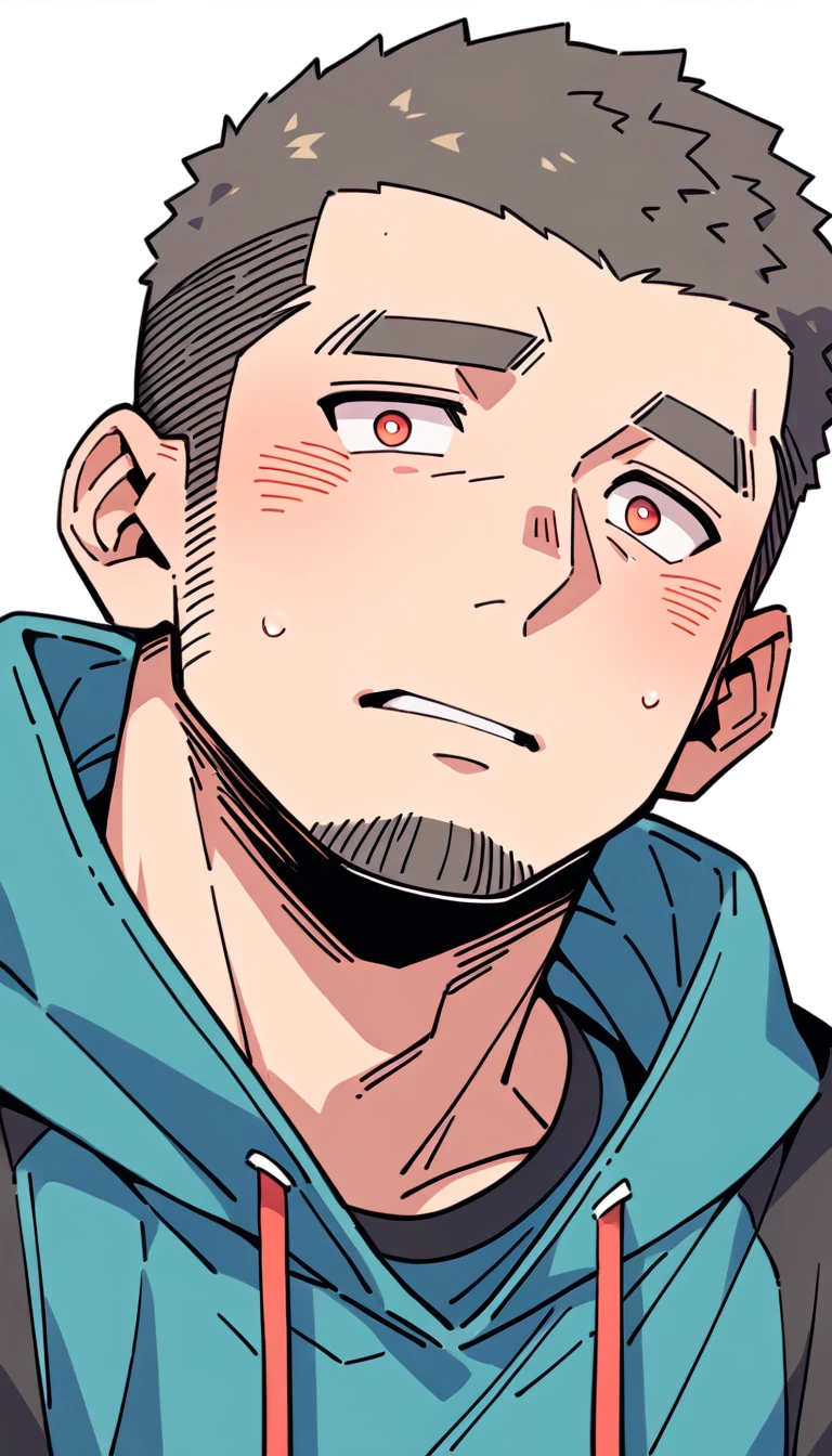 anime characters：Priapus, Muscle Sports Student, Buzz Cut, Manliness, male focus, Sports tight hooded sweatshirt, Very tight, full and perky chest muscles, muscular male, muscular, only, Upper body, alone, Red short hair, Thick eyebrows, stubble, Brown-red pupils, White background, simple background, amazing quality, best aesthetics, Ridiculous, crew cut, parted lips, flustered, endured face, shy, blush, negative space, best quality