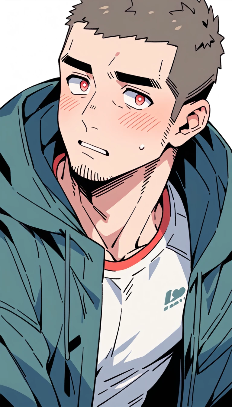 anime characters:Priapus, Muscle Sports Student, Buzz Cut, Manliness, male focus, Sports tight hooded sweatshirt, Very tight, full and perky chest muscles, muscular male, muscular, only, Upper body, alone, Red short hair, Thick eyebrows, stubble, Brown-red pupils, White background, simple background, amazing quality, best aesthetics, Ridiculous, crew cut, parted lips, flustered, endured face, shy, blush, negative space, best quality