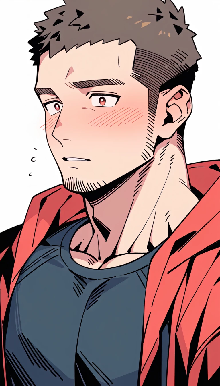 anime characters：Priapus, Muscle Sports Student, Buzz Cut, Manliness, male focus, Sports tight hooded sweatshirt, Very tight, full and perky chest muscles, muscular male, muscular, only, Upper body, alone, Red short hair, Thick eyebrows, stubble, Brown-red pupils, White background, simple background, amazing quality, best aesthetics, Ridiculous, crew cut, parted lips, flustered, endured face, shy, blush, negative space, best quality