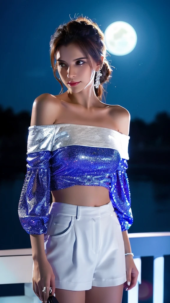 Hyper photo-realistic, sexy under the moonlight. Raspberry, silver, yellow and white off the shoulder blouse.