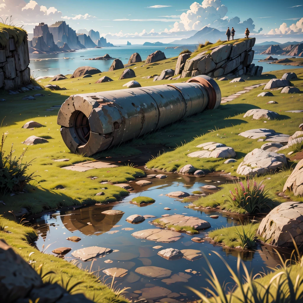 large rusty cylindrical piece on a rocky area with grass, puddles, Stones, beautiful sky and rocks in the distance, post apocalypse