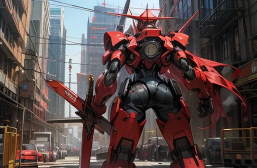 Break A giant red robot stands in the city,Break The robot has a sword,masterpiece,best quality,super fine illustration,super detailed,8k,ass pov