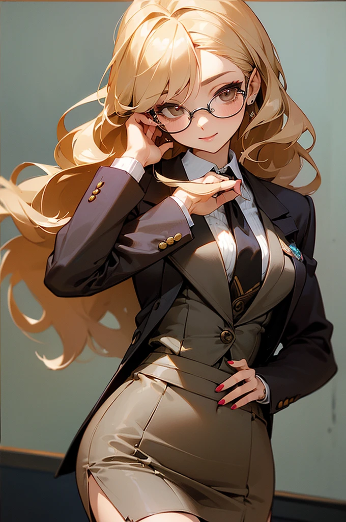 (Masterpiece, Best Quality, High Quality:1.4), professional artwork, well drawn, Intricate Details, field of view, sharp focus, detailed painting, masterpiece, cinematic lighting, trending on pixiv, vivid lighting, vibrant colors, by by Nagasawa Rosetsu, MadamePresident, mature female, milf, standing, hands on waist, office background, afternoon, full body shot, blonde hair, long hair, wavy hair, lipstick, makeup, ultra detail hair, ultra detail face, perfect eyes, perfect face, earring, brown eyes, Looking at Viewer, flirting, smiling, grey skirt suit, (((three-piece suit))), necktie, blazer, (((suit jacket))), (((waistcoat))), double-breasted waistcoat, (((miniskirt))), (((pencil skirt))), stockings, skirt, tie clip, pocket square, pantyhose, high heels, glasses, cufflinks, red nails, nail polish, upper body