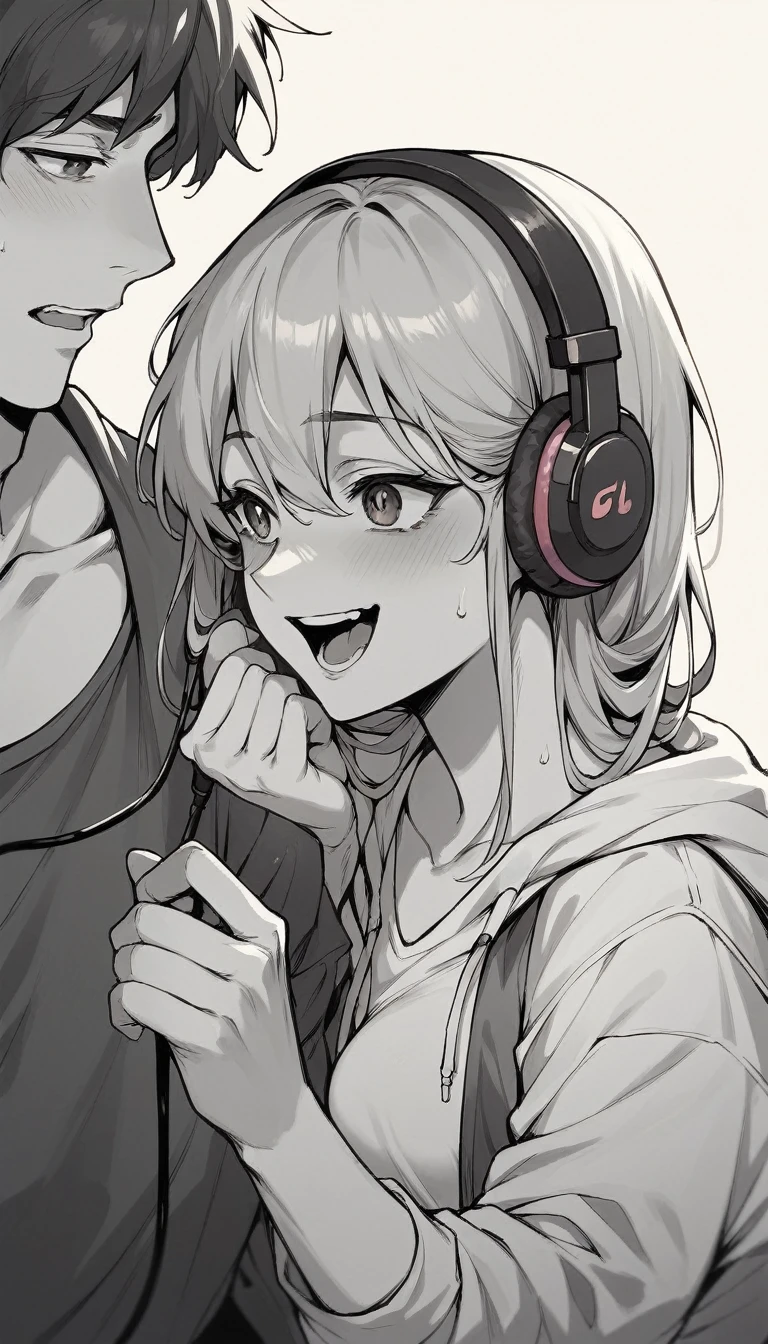 A man putting headphones on a woman, she gets excited.