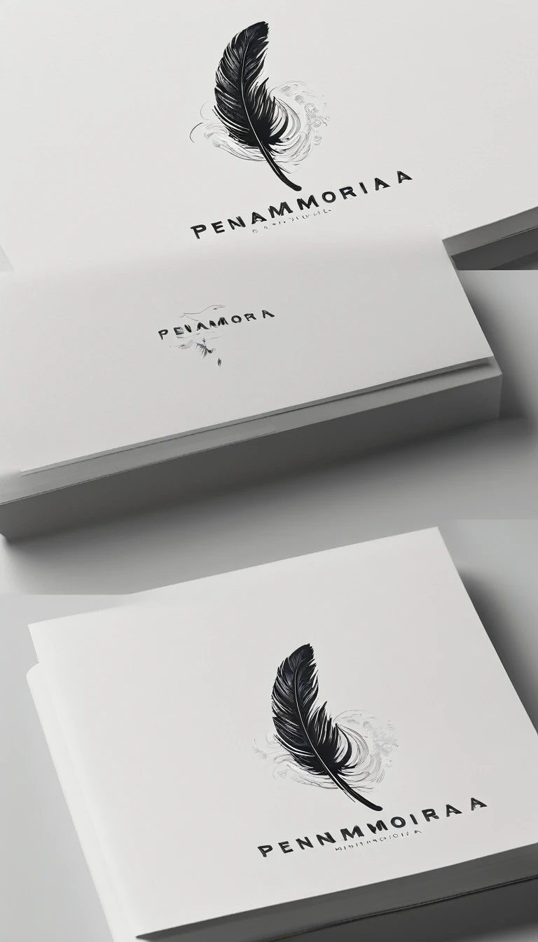 A minimal, modern, simple, cinematic logotype for the brand “Penamemoria". The logotype must be a simple, magical feather and a boy playing acoustic guitar. The logo must convey a sense of music, stories and dreams. Logo design impressed on a book cover. Minimalistic logo