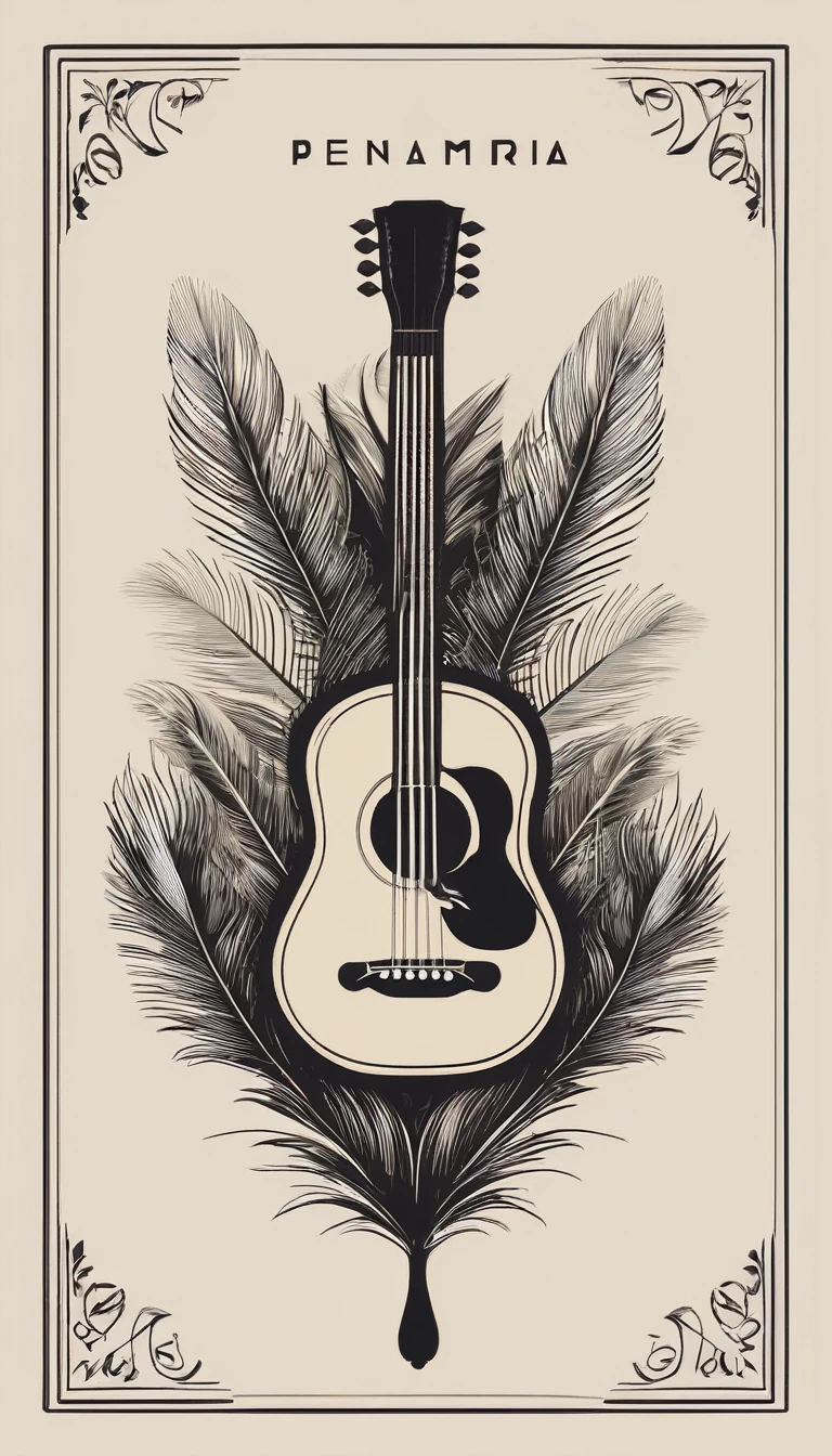 A minimal, modern, simple, cinematic logotype for the brand “Penamemoria". The logotype must be a simple, magical feather and a boy playing acoustic guitar. The logo must convey a sense of music, stories and dreams. Logo design impressed on a book cover. Minimalistic logo
