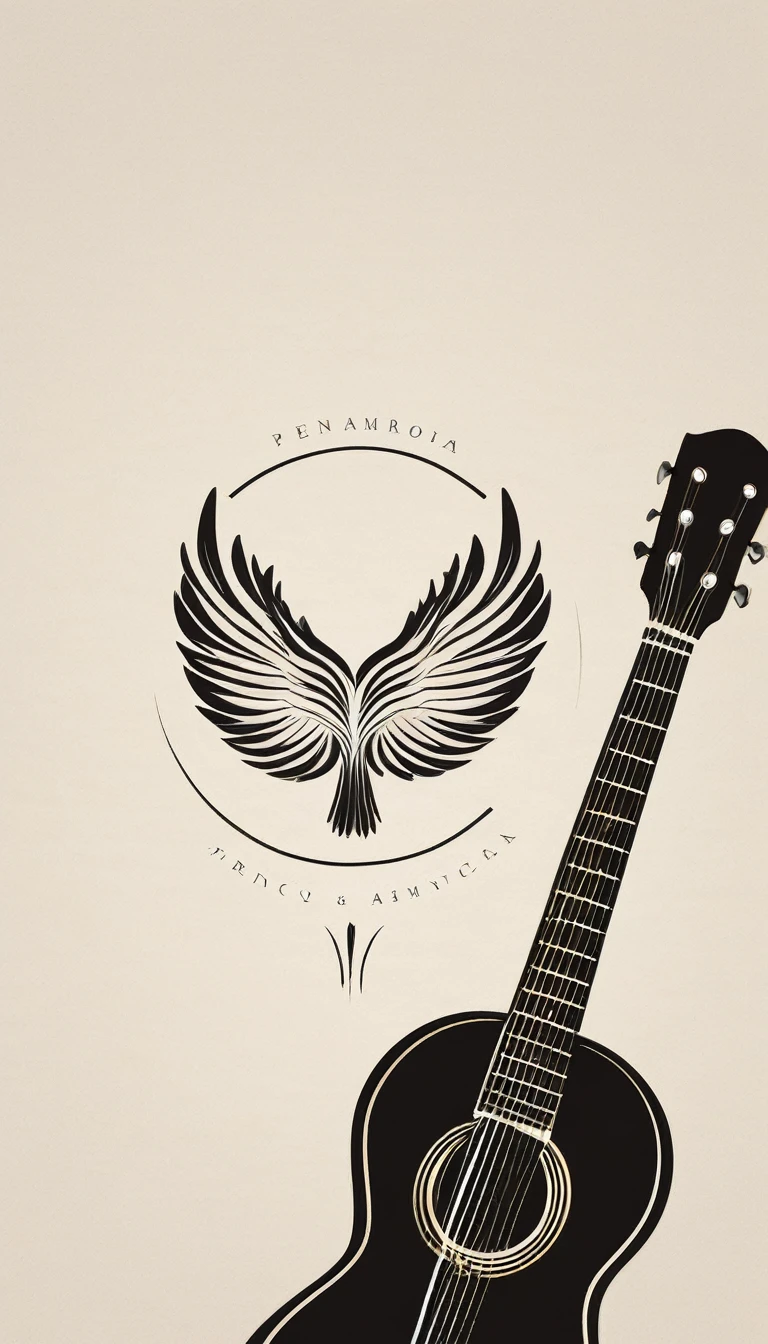 A minimal, modern, simple, cinematic logotype for the brand “Penamemoria". The logotype must be a simple, magical feather and a boy playing acoustic guitar. The logo must convey a sense of music, stories and dreams. Logo design impressed on a book cover. Minimalistic logo