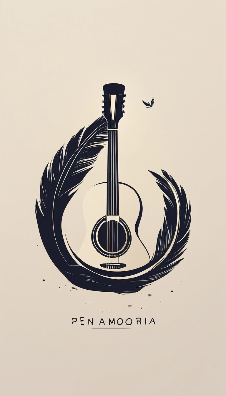 A minimal, modern, simple, cinematic logotype for the brand “Penamemoria". The logotype must be a simple, magical feather and a boy playing acoustic guitar. The logo must convey a sense of music, stories and dreams. Logo design impressed on a book cover. Minimalistic logo