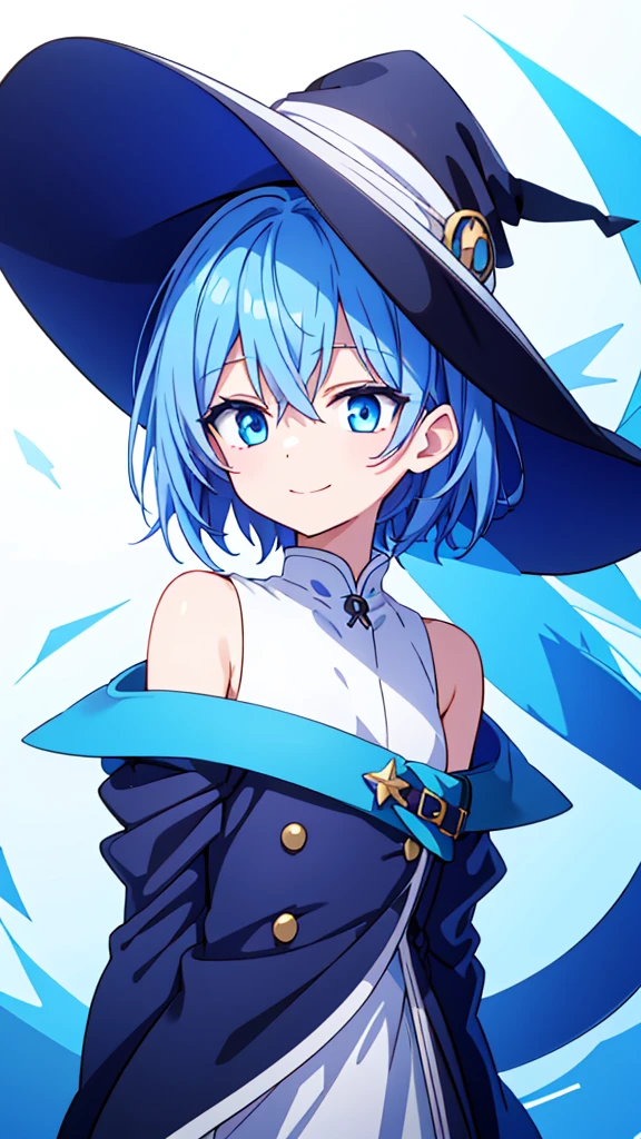 blue eyes、Blue Hair、male、Shortcuts、Round eyes、smiling、anime風、anime、White background、Witch Hat、Short Hair、short hair