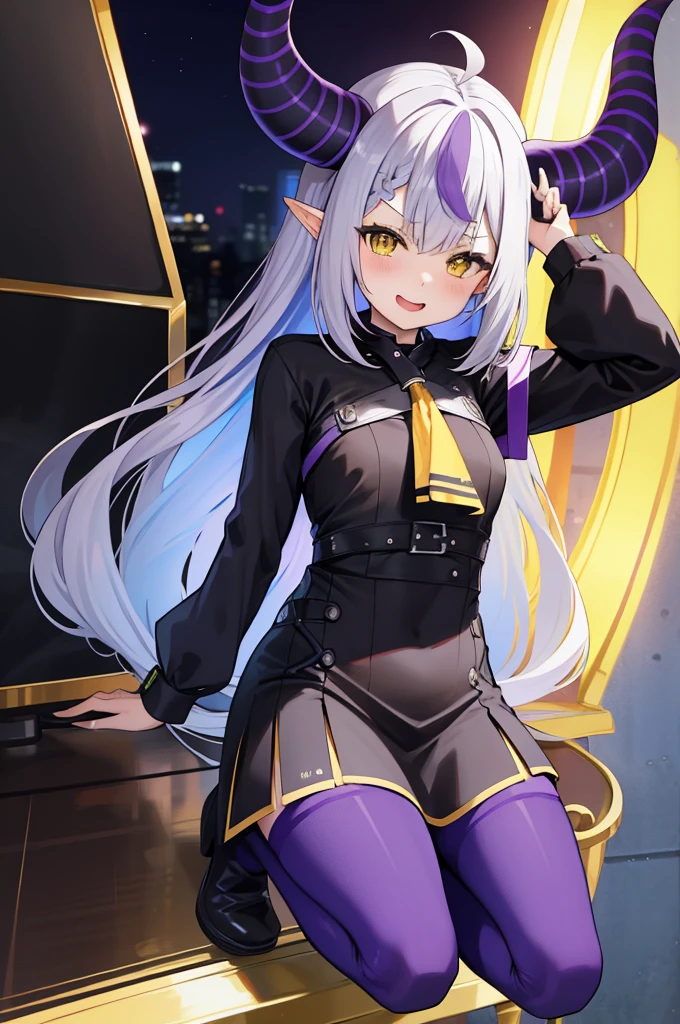 Masterpiece、Hololive、Laplace・ダークネス、Laplace、Highest quality、High resolution、1 girl、anime、Sleeves that hide the hands、Sleeves up to the fingers、Braid、Long sleeve、片足pantyhose、黄色のAscot、Ascot、Black footwear、dress、金属のfirst round、Knee-high boots、黒いdress、first round、pantyhose、Thigh of one leg、Cyberpunk City、Wicked Smile、Mouth open