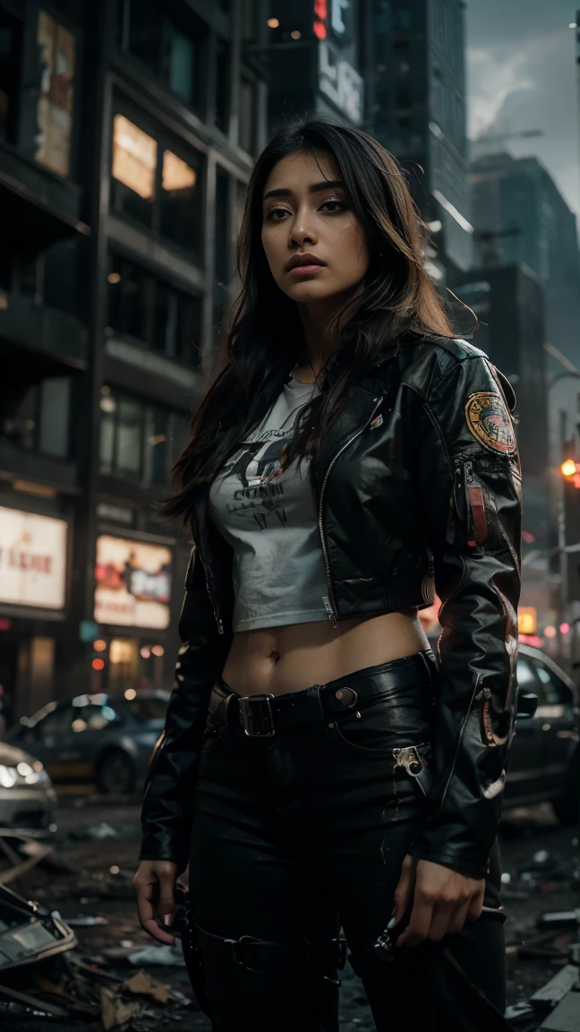 (Highest quality, Ultra HD, 16k, Masterpiece) A powerful girl Pooja Hegde walks confidently in front of her rugged, futuristic car amidst a chaotic and war-torn metropolis. The shot is a medium to long view, capturing her determined presence and the complete surroundings around her. She gazes ahead with a fierce, unyielding expression, embodying strength and resolve. She wears a fitted mecha tshirt under a stylish jacket and jeans pants, her attire blending practicality with a touch of modern flair. The jacket is detailed with guns, rifles, and utility pockets, enhancing her battle-ready appearance. Her hair is tousled and windswept, adding to her dynamic presence. The car behind her is a heavily modified, armored vehicle, its exterior scarred from countless battles. It stands as a testament to her resilience and resourcefulness, with various gadgets and weapons mounted on its frame. The car's sleek, complements the overall gritty atmosphere. In the background, the entire skyline of the metropolis is visible, partially obscured by smoke and ash. Skyscrapers tower amidst the chaos, many of them heavily damaged with gaping holes and crumbling facades. Explosions light up the scene, casting an eerie glow over the widespread destruction. Spaceships hover menacingly in the sky, engaged in fierce aerial battles, their sleek designs contrasting with the devastation below. The ground is littered with debris and remnants of destroyed structures, adding to the sense of a world torn apart by conflict. Scraps of metal, shattered glass, and remnants of vehicles are scattered across the landscape. The lighting is dramatic, with sharp contrasts that highlight the textures of her attire and the metallic surface of her car. The interplay of light and shadow emphasizes the intense expression on her face and the chaos in the background. Hollywood action movie. Action film, ((tshirt)), (((fully covered mecha tshirt))), (((mecha jacket on top))), (((guns)))