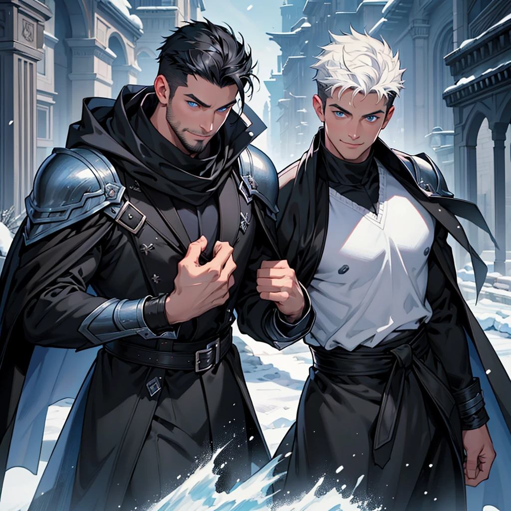 Masterpiece, Highest quality, Heavy snow, Cold Weather, realistic, 1 person, mature man, A quiet and charming young man, 30 years old, smile, gag, Portrait, Highly detailed face, 寒さとsmile, ((blue eyes)), ((black short hair)), [Thick eyebrows], dark palace, ((black long coat)), ((all black)), (blue eyes) ,Short Black Quiff Hair with Soft Fringe, handsome , muscle, Facial expressions, Black Knight Armor , black fur shawl(Masterpiece,best quality,special, (Broad shoulders)) (muscle), male focus, Hand holding a long sword,black two handed sword, His black sword rose high., Face gigantic and terrifying monsters.. Describe the man&#39;s appearance., Details of his sword, Characteristics and characteristics of monsters, and convey the tension and power of the encounter.."