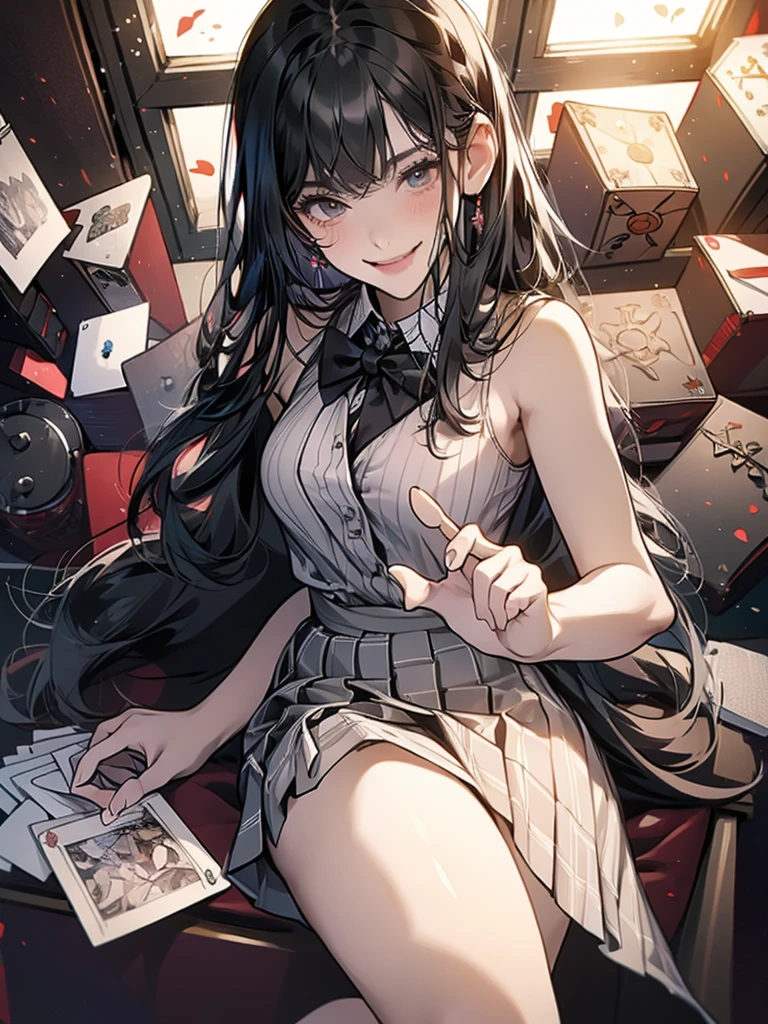 ((masterpiece)), highest quality, 1 girl, 、、bob hair、Commemorative photo、view from below、smile、School、uniform、stripes々panties、sole、sitting on the desk