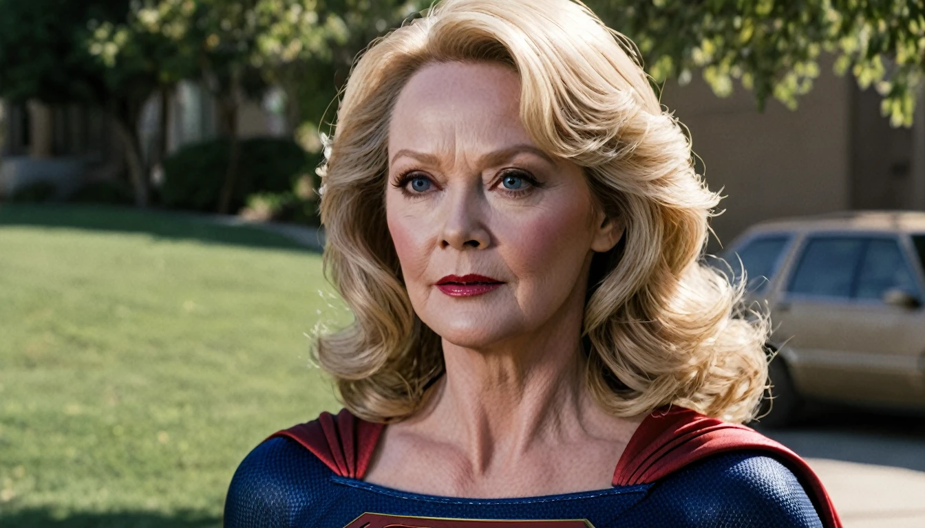 Supergirl1984s costume real strong Jean Smart 2024((60 ys old)_; HD. Photograph, ((realism)), extremely high quality RAW photograph, ultra detailed photograph, sharp focus, high resolution, (detailed skin:1,3),high quality, film grain, Fujifilm XT3,Highly Detailed, movie, (Cinematic Photo:1.3) of (Realistic:1.3)