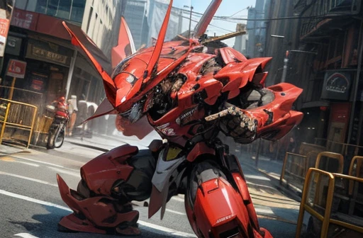 Break A giant red robot stands in the city,Break The robot has a sword,masterpiece,best quality,super fine illustration,super detailed,8k,dynamic angle