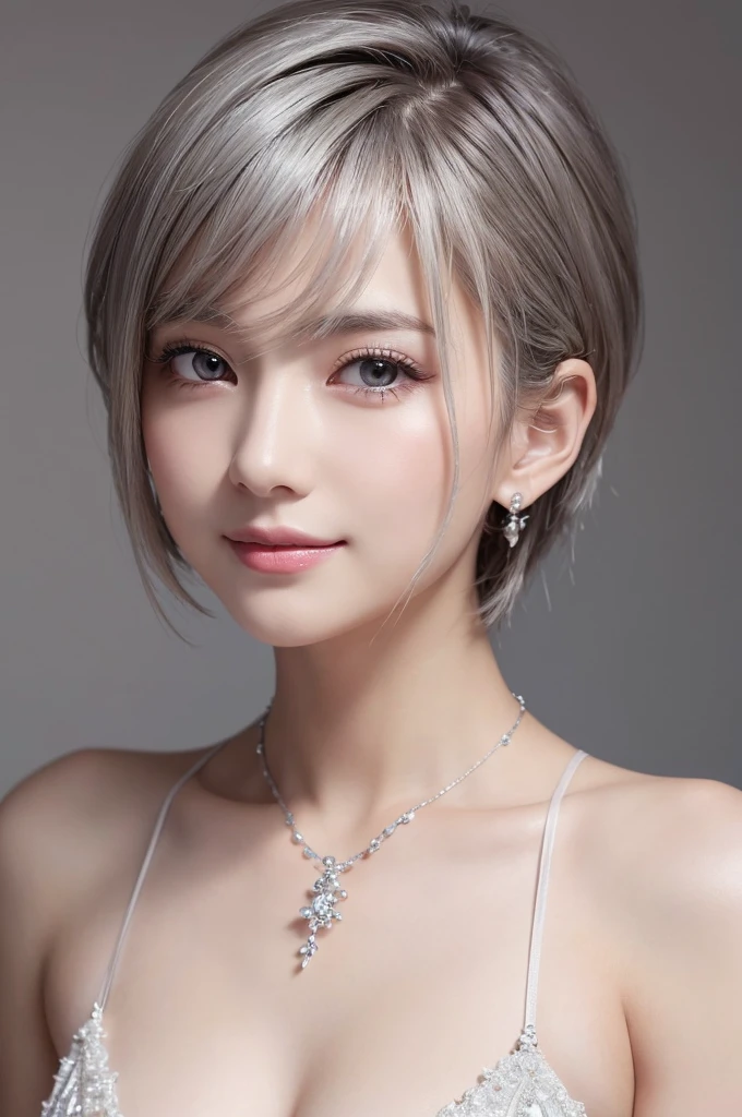 黒ワイシャツを着ている、(((Very elegant and beautiful、Perfect detail、Very detailed)))、whole body、The finest girl、The depth of the boundary is written、whole bodyが美しく細かい、Thin legs、One Girl、20-year-old、Very short hair、Spiked Hair、gray and silver hair、Beautiful and fine hair、Perfect Face、Beautiful, detailed, deep eyes、Delicate arms and hands、Pale skin、Earrings、Beautiful and gorgeous necklace、Colorful background、HD background、Blurred Background、Very delicate and beautiful、masterpiece、(((Highest quality、Very beautiful 8K CG wallpaper))、smile、黒ワイシャツ
