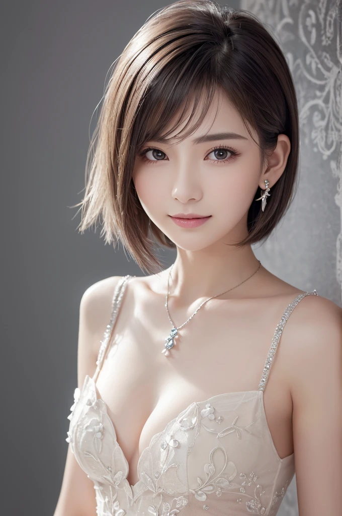 黒ワイシャツを着ている、(((Very elegant and beautiful、Perfect detail、Very detailed)))、whole body、The finest girl、The depth of the boundary is written、whole bodyが美しく細かい、Thin legs、One Girl、20-year-old、Very short hair、Spiked Hair、gray and silver hair、Beautiful and fine hair、Perfect Face、Beautiful, detailed, deep eyes、Delicate arms and hands、Pale skin、Earrings、Beautiful and gorgeous necklace、Colorful background、HD background、Blurred Background、Very delicate and beautiful、masterpiece、(((Highest quality、Very beautiful 8K CG wallpaper))、smile、黒ワイシャツ