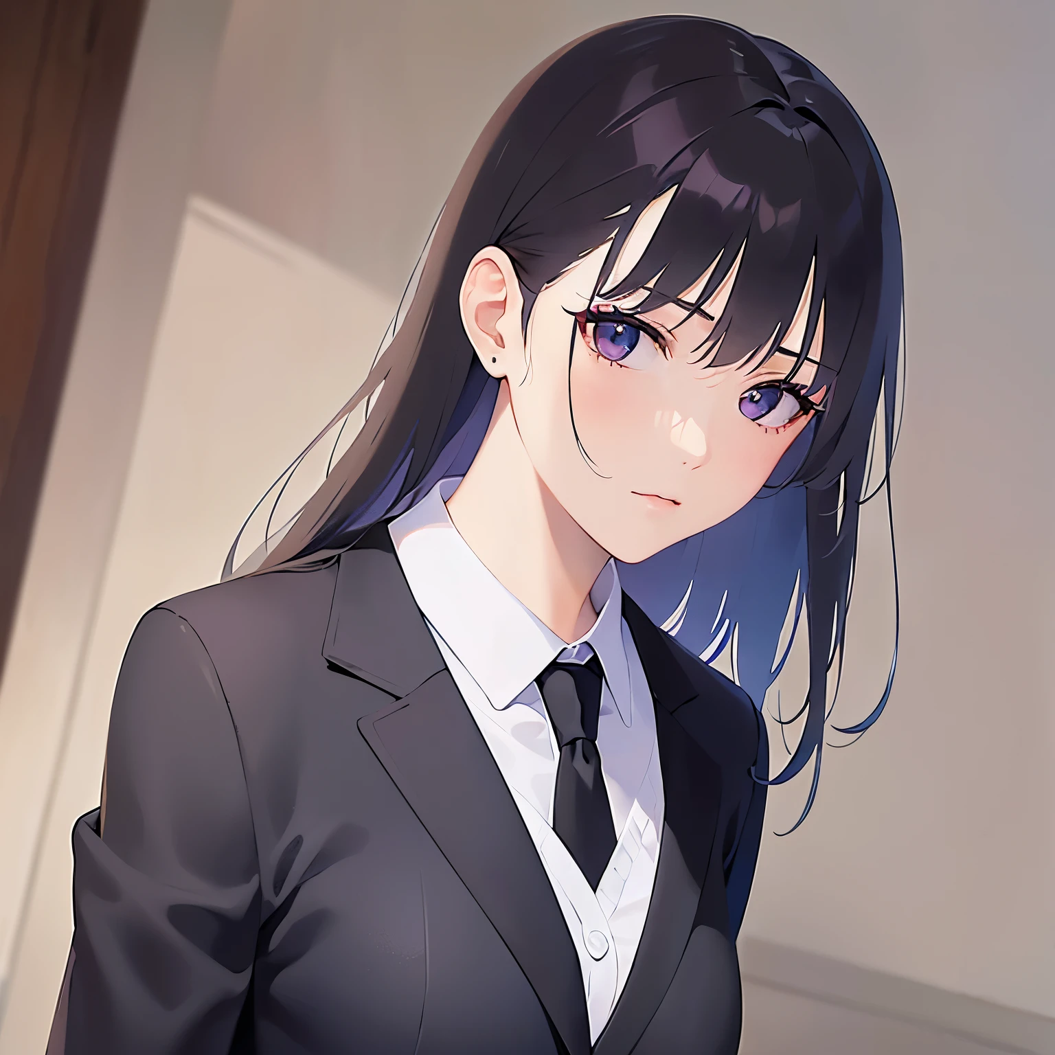 side angle, (looking away:1.5), Upper Body, Realistic, real person, (pale skin: 1.2), RAW photo, photorealistic, shiny skin, shiny hair、(A 25-year-old woman with straight hair and bangs) and (medium hair) and (black hair) and (purple eyes) , (business suit:1.5) and (white collared shirt)、Expressionless, The background is the office、Alone、Are standing