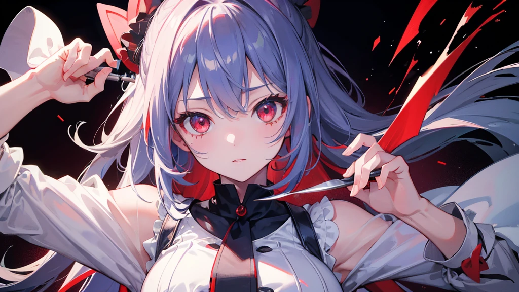 (Highest quality)　(4K)　(8k)　(High resolution)　(masterpiece:1.2)　(Super detailed)　One girl　Red eyes　(IzayoiSakuya)　Hold the knife　Serious　White Background　Blue outfit
