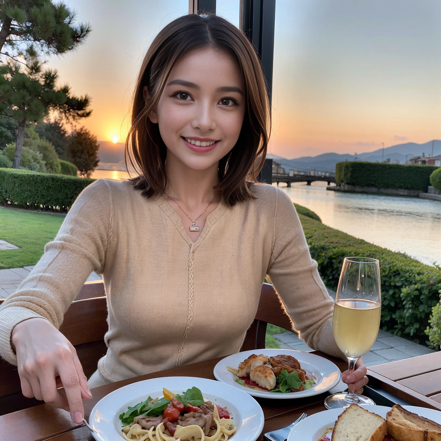 (Realistic:1.1),(masterpiece,Highest quality),8k,(45 years old), 42 years old, slimカップル、Model Couple、actress/actor、Tight waist,Upper Body,full-course dinner、wine 、Amazing view of the sunset sky and clouds、Perfect Anatomy, Brown Hair, short hair,Random Hairstyles,((Highly detailed face and eyes:1.2))(cute顔:1.4),美しいactressの顔,Perfect golden ratio face,Long sleeve shirt、dress,(smile:1.2)、Shortcuts、cute、(Realistic, Intricate details:1.2), A bright smile、short hair,Bright Face、赤wine 、Appetizers、Italian food、wine bottle、Champagne、スパークリングwine、(slimな顔), (The body is slim), (Brown Hair), (Shortcuts), Upper Body, 白wine, slim, wineグラス,