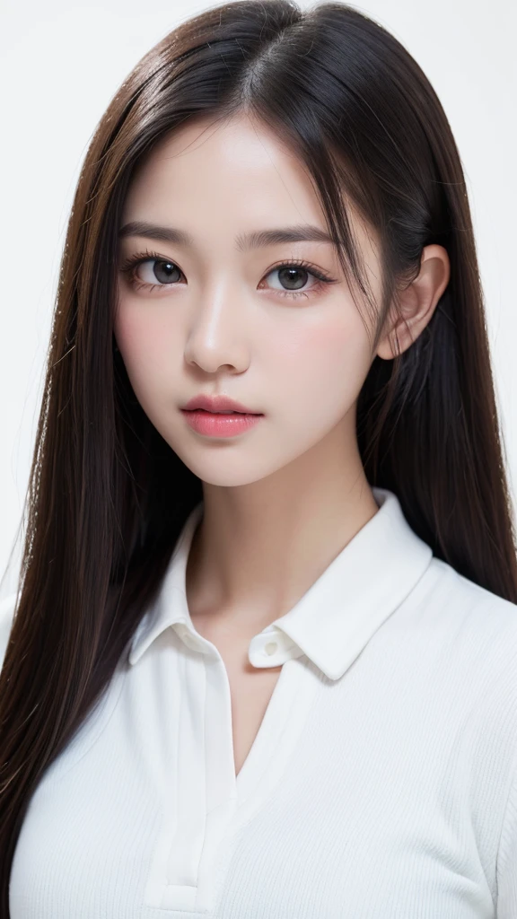 (((forehead、Northern Europe、White、beautiful girl、Black Hair、White Background、Golf Wear、cute、young、True Face、Shiny Hair、whole body)))、Tabletop, Highest quality, shape, Very detailed, finely, High resolution, 8k wallpaper, Perfect dynamic composition, finelyて美しい目, Deco Out,blonde, chest, Natural color lip,White Background, random cute poses,