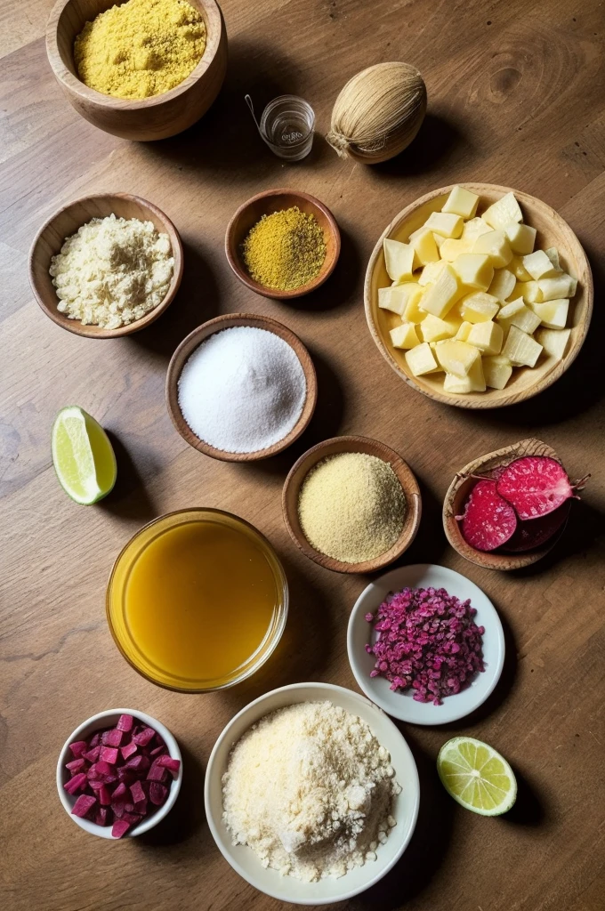 make me a realistic background with these ingredients Cane flower rum . Piña, aguaymanto,  prickly pear and Lucuma. I want them to be seen on a table from a photo above