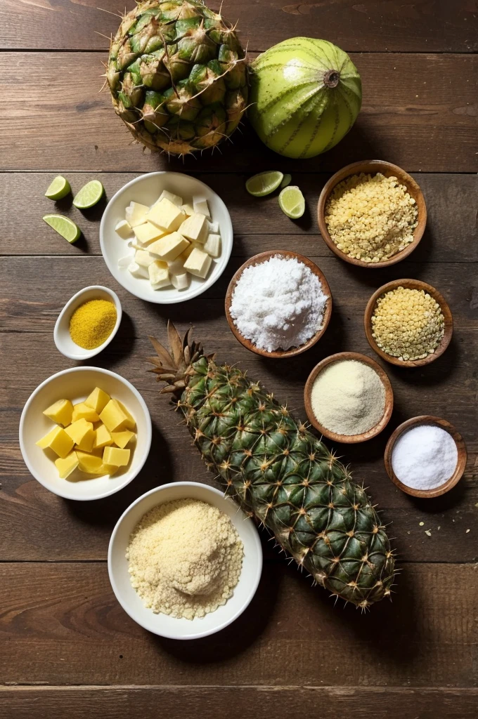 make me a realistic background with these ingredients Cane flower rum . Piña, aguaymanto, prickly pear and Lucuma. I want them to be seen on a table from a photo above