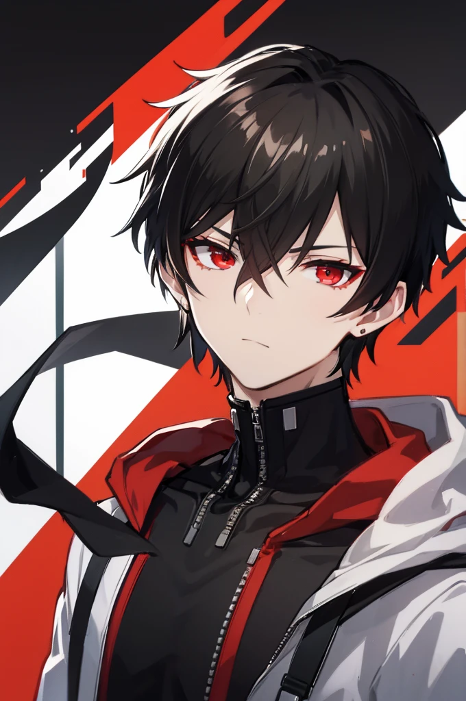 portrait, male, beauty, black hair, keen red eyes, Black hoodie, white coat, Intellectual, Male character