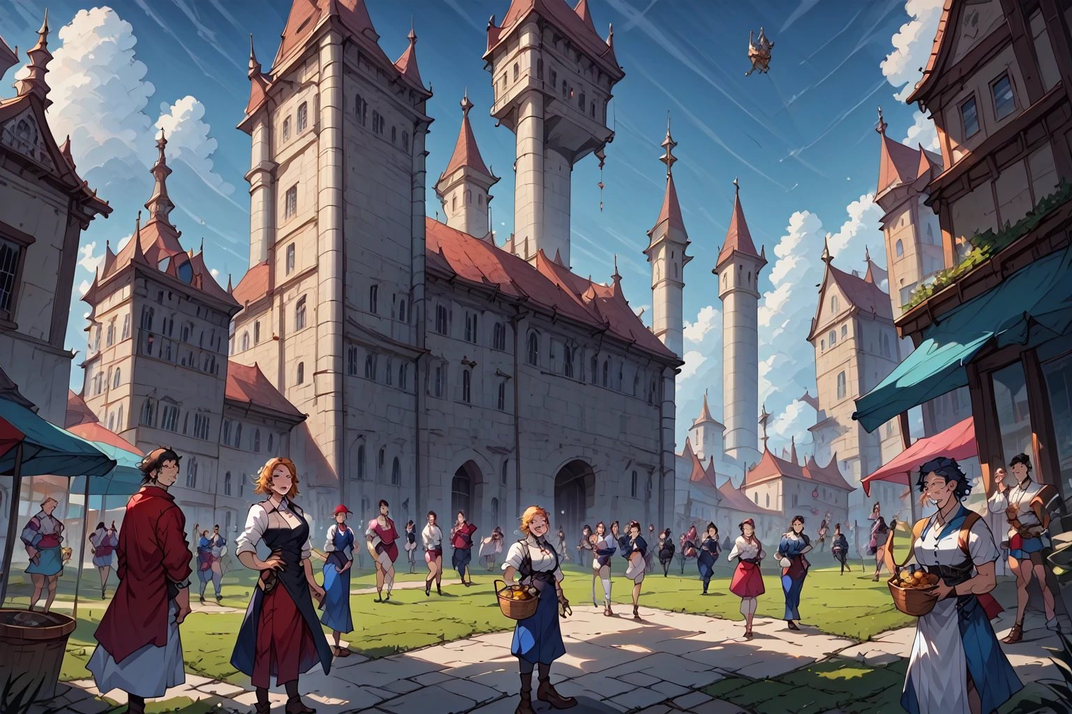 score_9, score_8_up, score_7_up, source_anime,masterpiece, best quality, high resolution, extremely detailed CG, absurdres, highres, fantasy art, Morning mist clings to cobblestone streets as vendors in vibrant attire hawk exotic wares amidst ancient architecture. Towering spires and ornate facades mingle with humble market stalls, while a diverse array of faces - humans, elves, dwarves, and more - hurry about with baskets, bundles, and curious gazes. The air is alive with the cacophony of merchants' calls, hammering on metal, and the sweet scent of fresh bread wafts through the chaotic scene, neondskdrmsxl