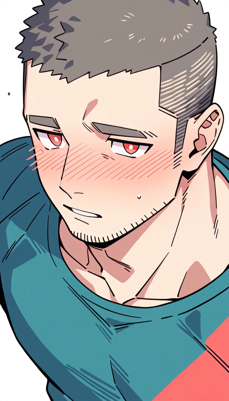 negative space, anime characters:Priapus, Muscle Sports Student, Buzz Cut, Manliness, male focus, Sports tight hooded sweatshirt, Very tight, full and perky chest muscles, muscular male, muscular, only, Upper body, alone, Red short hair, Thick eyebrows, stubble, Brown-red pupils, White background, simple background, amazing quality, best aesthetics, Ridiculous, crew cut, parted lips, flustered, endured face, shy, blush, negative space, best quality